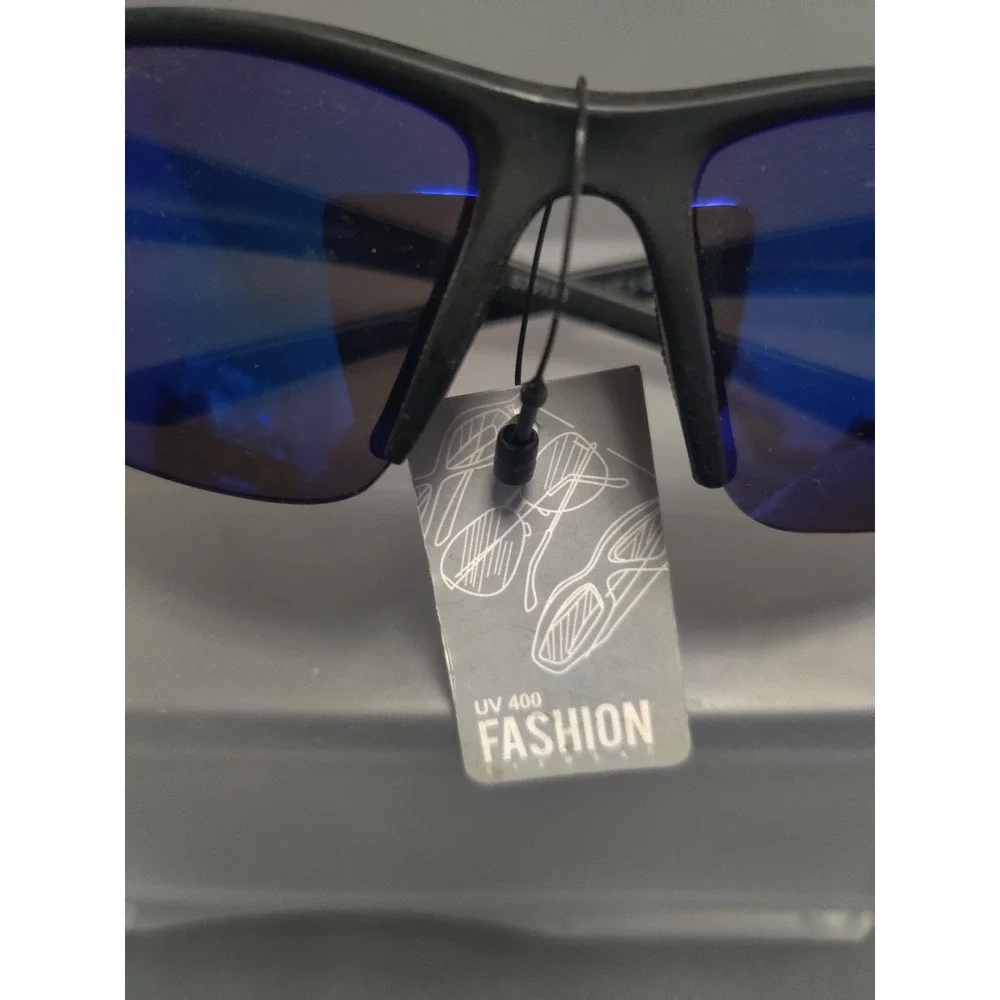 Mens Sport Wrap Sunglasses Matte Black Blue Mirrored Lens UV400 Athletic Shades